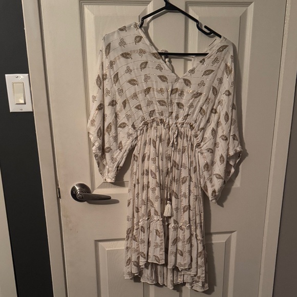 Dresses & Skirts - Boho Tassel Drawstring Dress in Cream and Gold